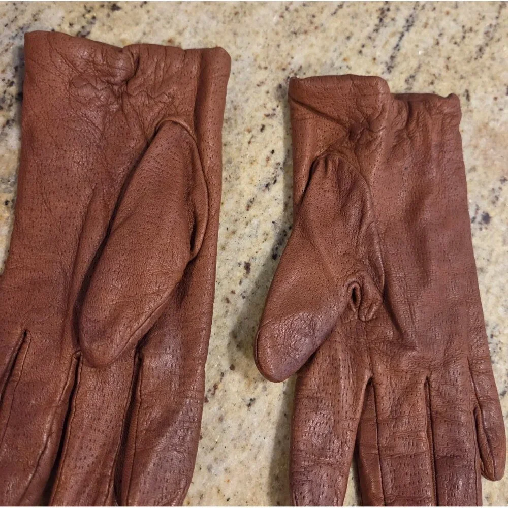 Vintage Womens Size L Brown Leather Knit Lined Gloves Perferated